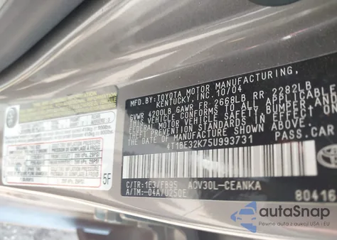 2005 Toyota Camry Le from USA, damaged, VIN 4T1BE32K75U993731